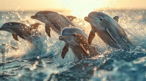 Marine mammals leaping out of liquid in a graceful display of wildlife © yuchen
