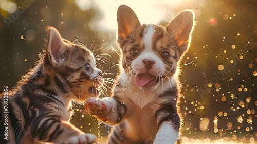 Katze und Hund spielen auf der Wiese / Kätzchen und Welpe toben / Hund und Katze Poster / Haustier Wallpaper / Ai-Ki generiert