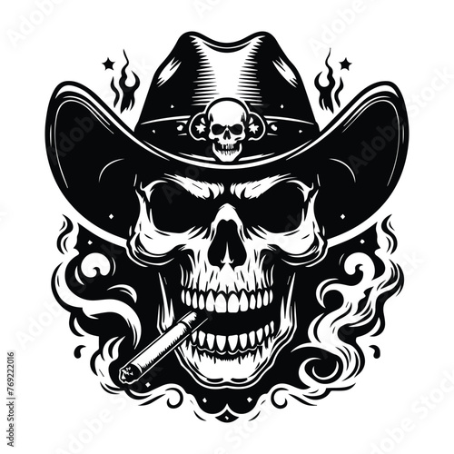 Smoking cowboy skull vector silhouette for print design