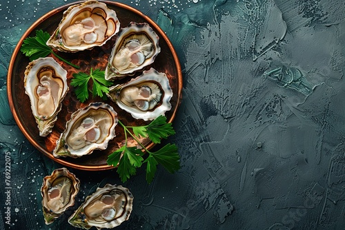 Opened Oysters on metal copper plate on dark wooden background