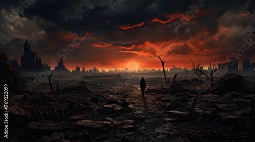 Desolate landscape beneath a tumultuous sky  hinting at post-apocalyptic drama  Ai Generated.