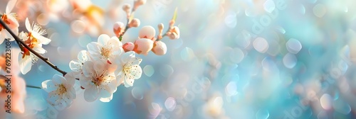 Beautiful floral spring abstract background of nature. Branches of blossoming apricot macro with soft focus on gentle light blue sky background. For easter and spring greeting cards with copy space. 