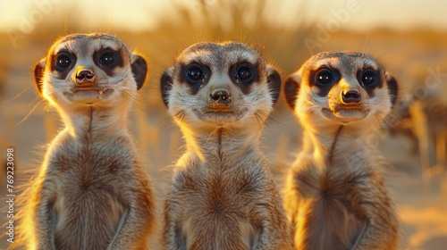 Three meerkats, terrestrial animals with fawn fur, stand together in the desert © yuchen