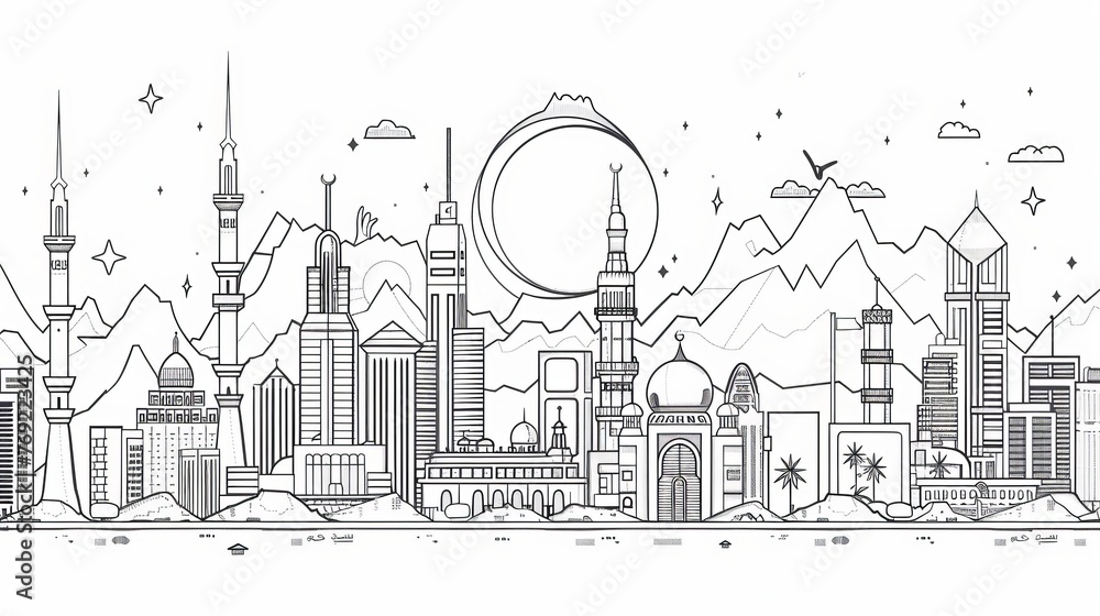The Kingdom of Saudi Arabia is celebrated through a line art illustration design showcasing its notable landmarks