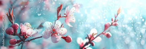 Beautiful floral spring abstract background of nature. Branches of blossoming apricot macro with soft focus on gentle light blue sky background. For easter and spring greeting cards with copy space. 