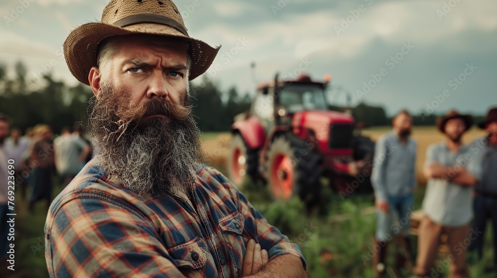 Portrait of a bearded outraged farmer, near other farmers protest near his tractor