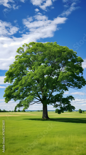 Majestic Elm Tree Dominating a Serene Green Landscape under a Clear Blue Sky