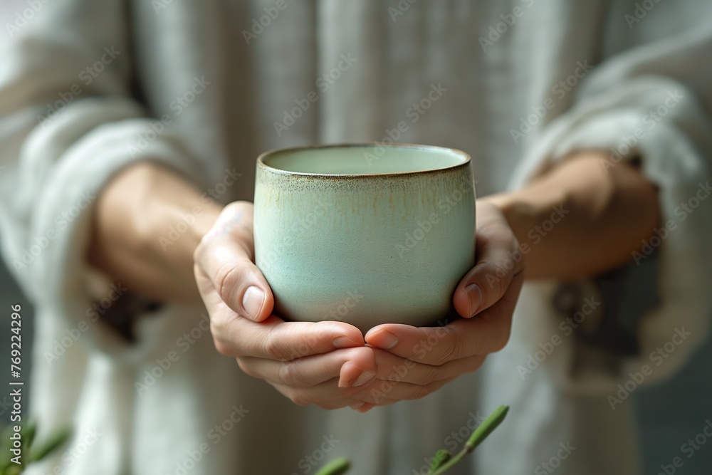 A person holding a cup in their hands, showcasing pottery craft and minimalism with simple shape. A person holding a cup in their hands, showcasing pottery craft and minimalism with simple shape.