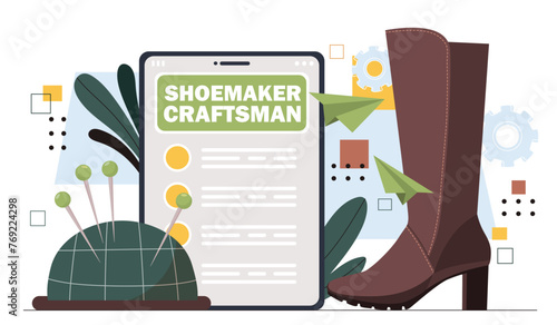 Shoemaker online concept. Female brown boot near needles. Apparel and clothes. Workshop or studio with equipment. Aesthetics and elegance. Cartoon flat vector illustration isolated on white background