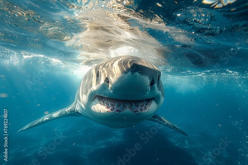 A Lamnidae shark  specifically a great white shark belonging to the Lamniformes order  is swimming in the liquid Water  with its impressive fin and jaw on display as it smiles at the camera