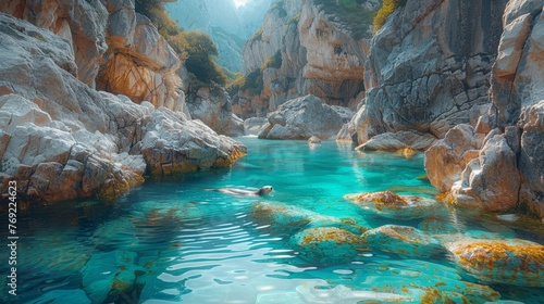 Swimming in river among rocks in natural landscape