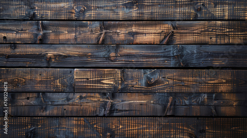 Dark stained wood boards with grain and texture Flat wood background with parallel horizontal lines 