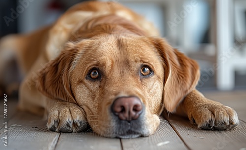 A fawncolored dog  a companion breed  is resting on a wooden floor with its head on its paws. This carnivorous terrestrial animal is wearing a collar