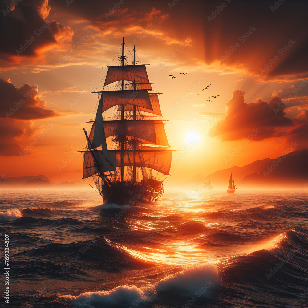 ship in the sea  sunset, ship, sea, boat, ocean, sky, sun, water, sailing, travel, silhouette, evening, dusk, sail, landscape, cruise, sailboat, pirate, sunrise, vessel,Ai generated 