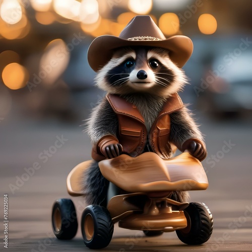 A raccoon wearing a cowboy hat and boots, riding a toy horse3