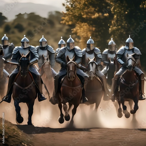 A group of knights riding into battle on the backs of majestic, armored steeds1 photo