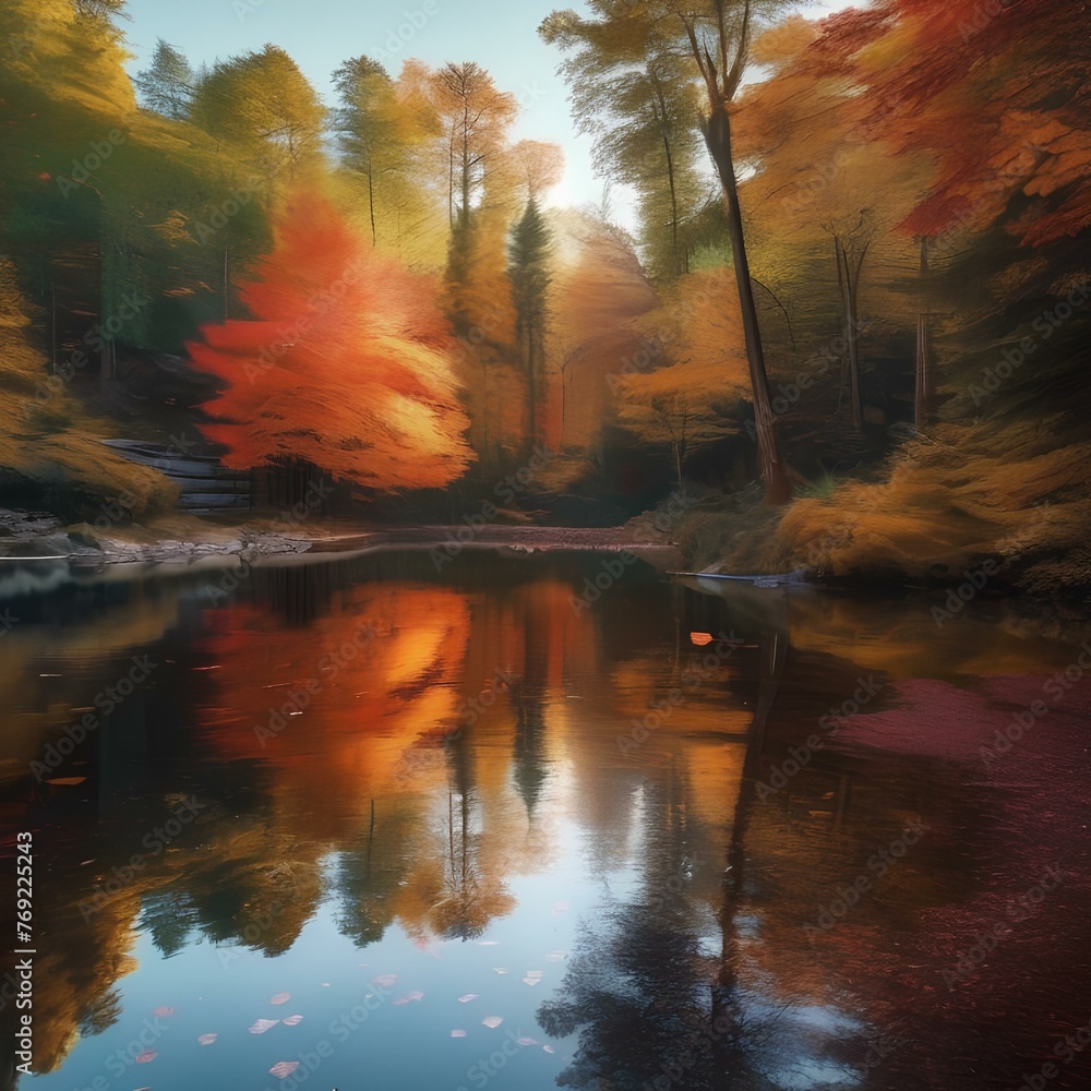 Naklejka premium A tranquil pond in the middle of a dense forest, with colorful autumn leaves floating on its surface1