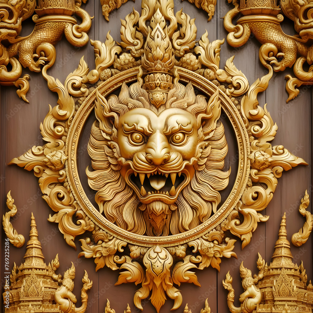 golden lion door knocker  gold, door, decoration, art, architecture, sculpture, old, statue, temple, lion, religion, asia, ancient, antique, Ai generated 