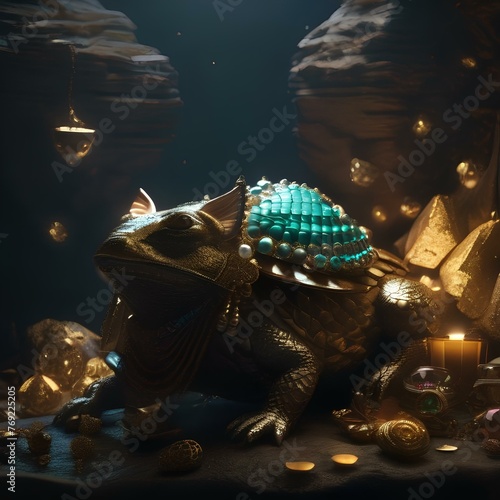 A fantastical creature lounging on a pile of glittering treasure in a dark cave1 photo