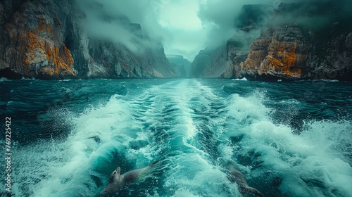 Boat navigating a watercourse in a stunning ocean canyon landscape
