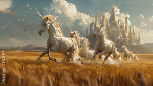 A herd of unicorns was happily playing in the middle of a golden field with a castle and mountains in the background. photo