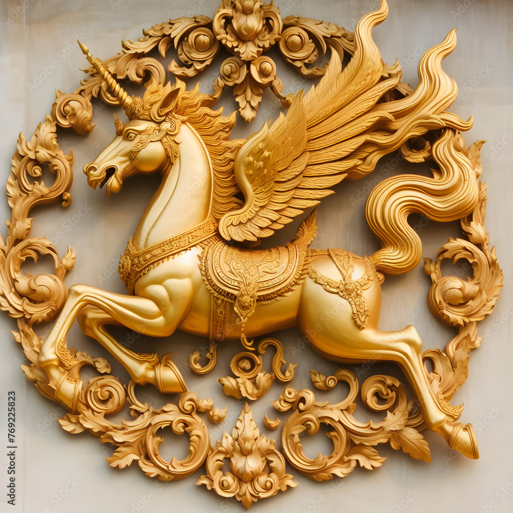 golden dragon on the wall  statue, sculpture, art, gold, lion, decoration, religion, culture, asia, old, architecture, dragon, golden, thailand,Ai generated 