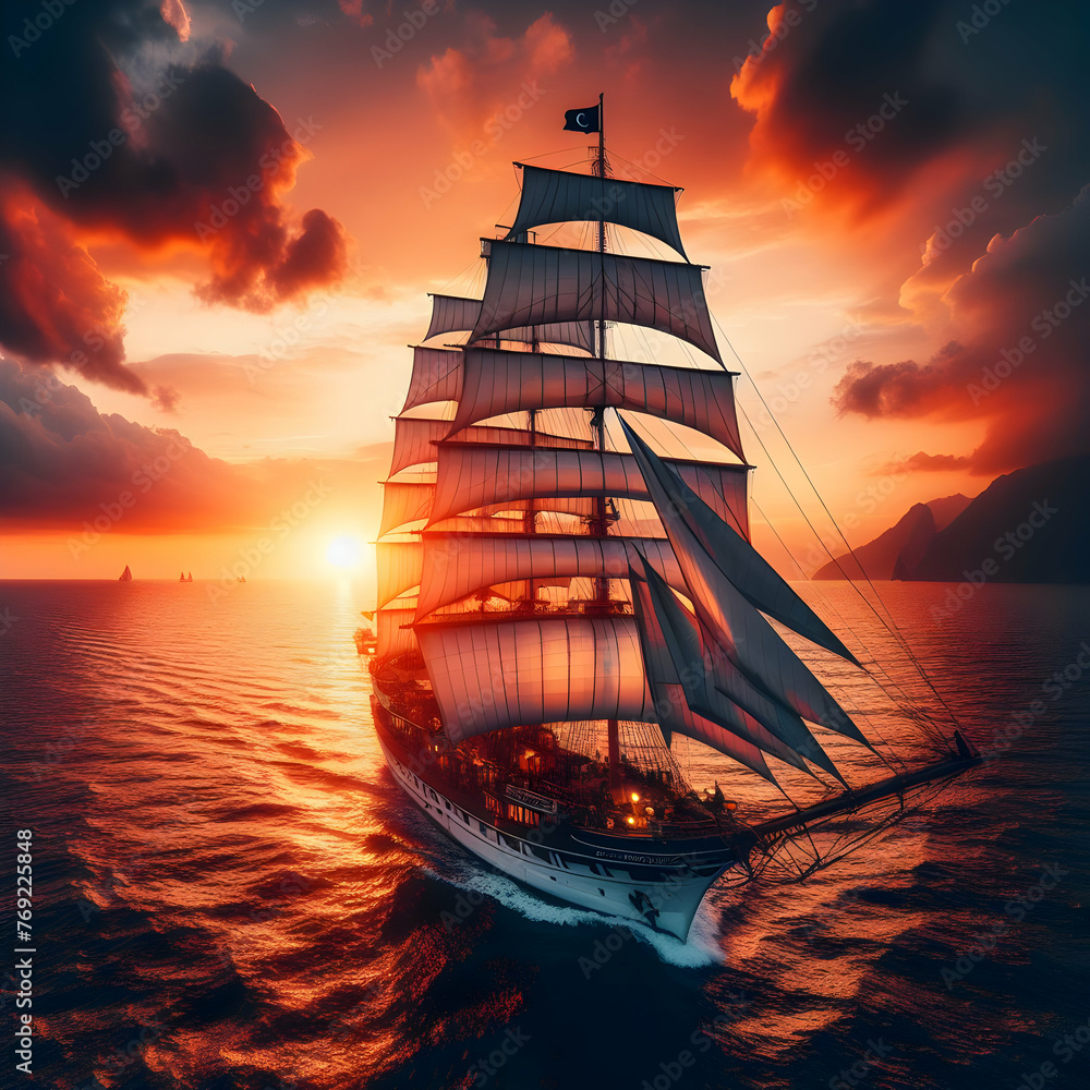 ship in the sunset  sunset, sea, boat, ship, ocean, sun, water, sky, sailboat, sail, sailing, sunrise, travel, yacht, evening, pirate, beach, nature, silhouette, orange,Ai generated 