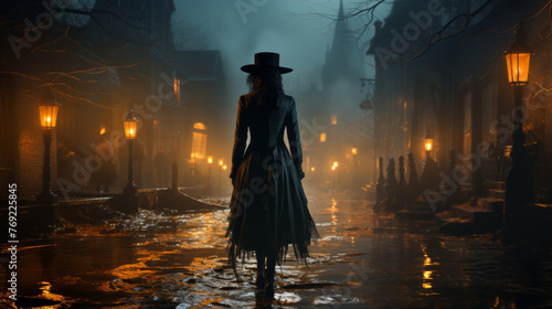 a 19th century London scene with a lady dressed in black walking the streets in the evening