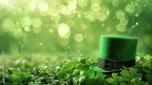 A green leprechaun hat on a clover field with sparkling lights in the background, suggesting an Irish theme.