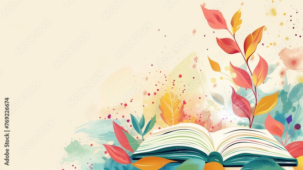 An open book with colorful autumn leaves and a whimsical, artistic splash of paint on soft background.