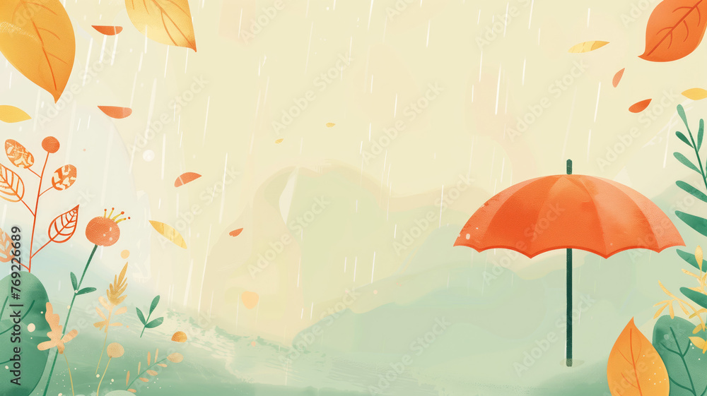 An illustrated scene of a rainy day with an orange umbrella, autumn leaves, and distant mountains. An illustrated scene of a rainy day with an orange umbrella, autumn leaves, and distant mountains.