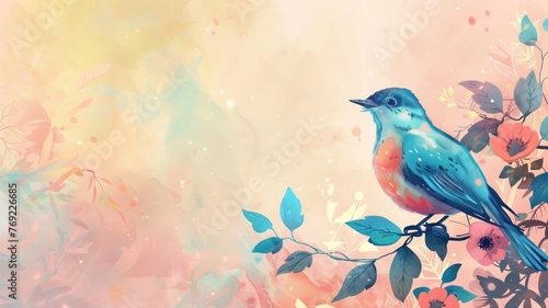 An illustrated blue bird perches on a branch amid pastel-colored floral backdrop with soft bokeh effect. © Artyom