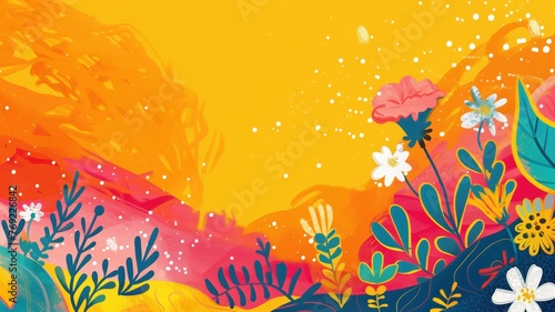 Wallpaper Mural Vibrant digital artwork featuring abstract floral shapes and patterns on a warm yellow background. Torontodigital.ca