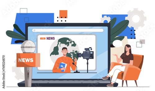 TV presenter online concept. Woman look at smartphone screen to man with microphone. Mass media and news. Evening rest with television. Cartoon flat vector illustration isolated on white background