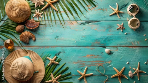 Summer Essentials: Beach Accessories on Green Blue Plank - Perfect for Your Vacation Banner