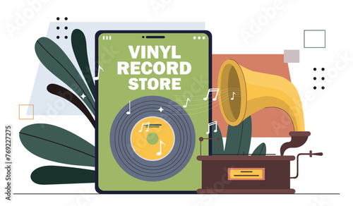 Vinyl record store concept. Shop and store with retro items and things. Audio eqipment for music and songs recording. Advertising and marketing, commerce. Cartoon flat vector illustration photo