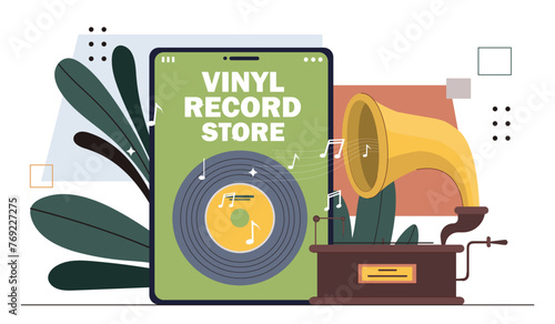 Vinyl record store concept. Shop and store with retro items and things. Audio eqipment for music and songs recording. Advertising and marketing, commerce. Cartoon flat vector illustration