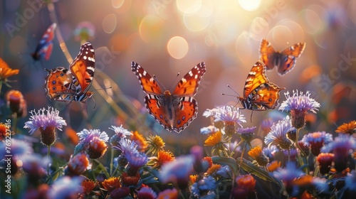 Butterflies fluttering above colorful flowers in a natural landscape photo