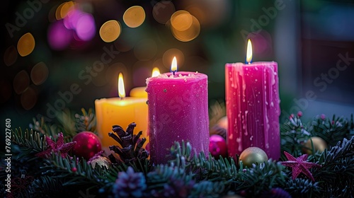 Religious Advent Wreath with Three Purple and One Pink Candles as Christmas Symbolism photo