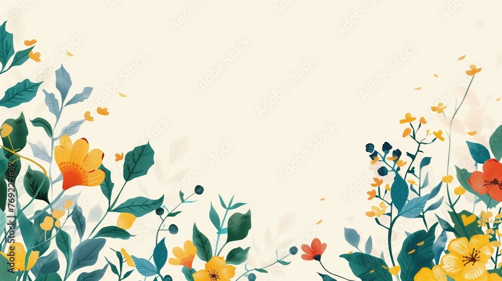 Elegant floral pattern border with a variety of colorful flowers and leaves on an off-white background. - obrazy, fototapety, plakaty 