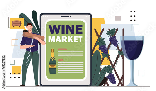 Wine online service concept. Alcoholic drinks from grapes. Beverage and tasty liquid. Man with wineyard, sommelier with glass. Cartoon flat vector illustration isolated on white background