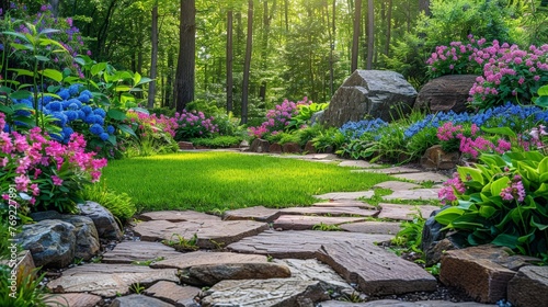 Fototapeta Naklejka Na Ścianę i Meble -  A colorful garden bursting with vibrant flowers and large rocks scattered among the green grass, creating a serene and picturesque scene
