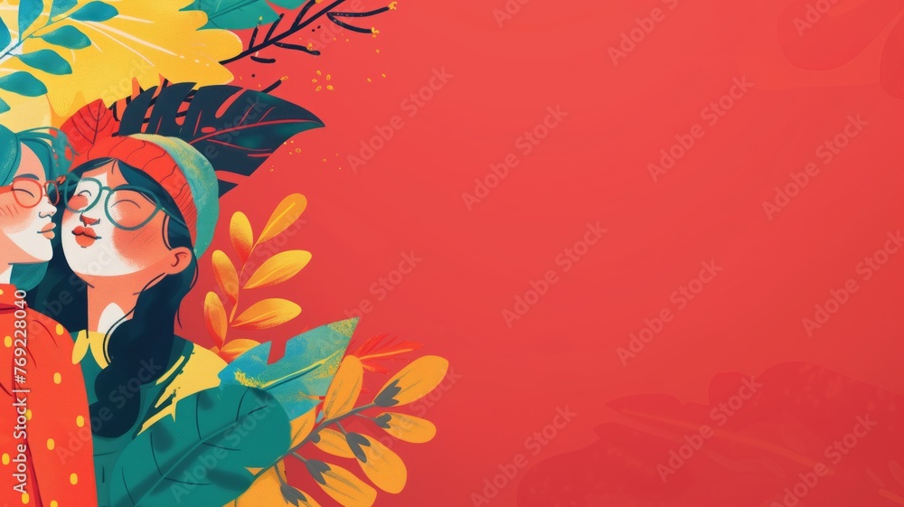 Colorful illustration of a person with glasses, surrounded by vibrant tropical foliage on red background. Colorful illustration of a person with glasses, surrounded by vibrant tropical foliage on red background.