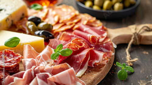 Plate with cheese and ham, prosciutto, jamon salami, and snacks. Generative Ai