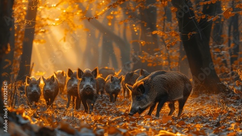 A wild boar herd roaming through an autumn forest landscape