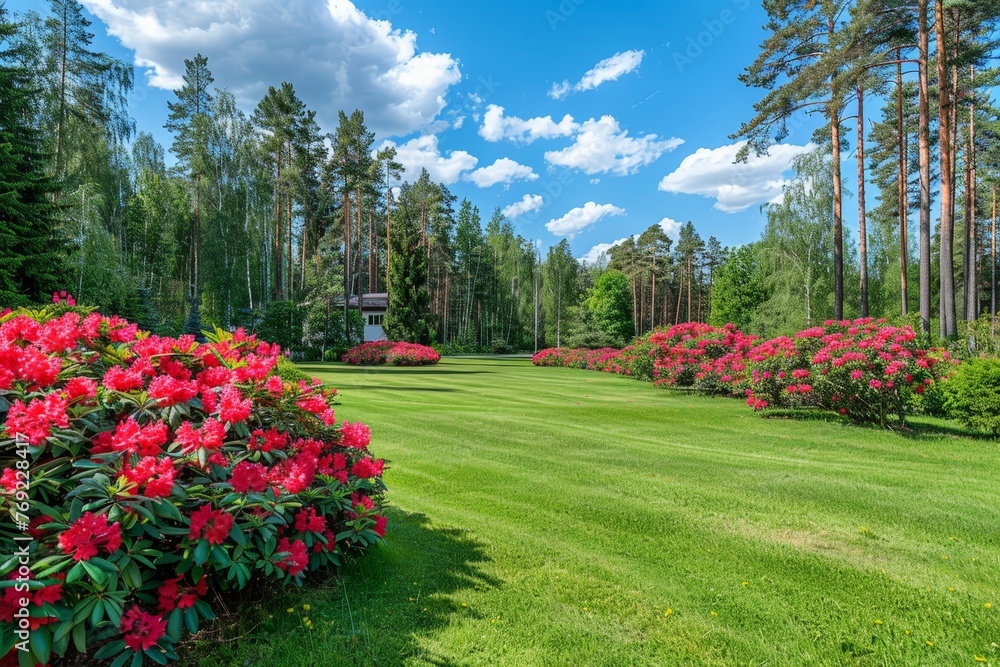A lush green field bursts with vibrant red rhododendron azalea flowers, creating a stunning visual spectacle of nature in full bloom