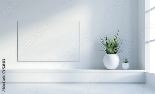 An empty white wall with an unlit flatscreen TV on the cabinet and a vase of grass in front, creating space for your advertising or promotional content photo