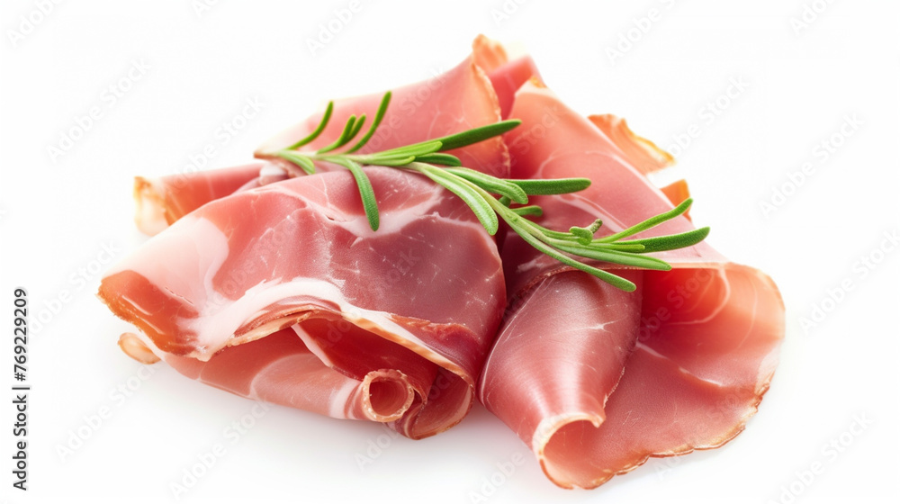 sliced prosciutto on white background . Generative Ai sliced prosciutto on white background . Generative Ai