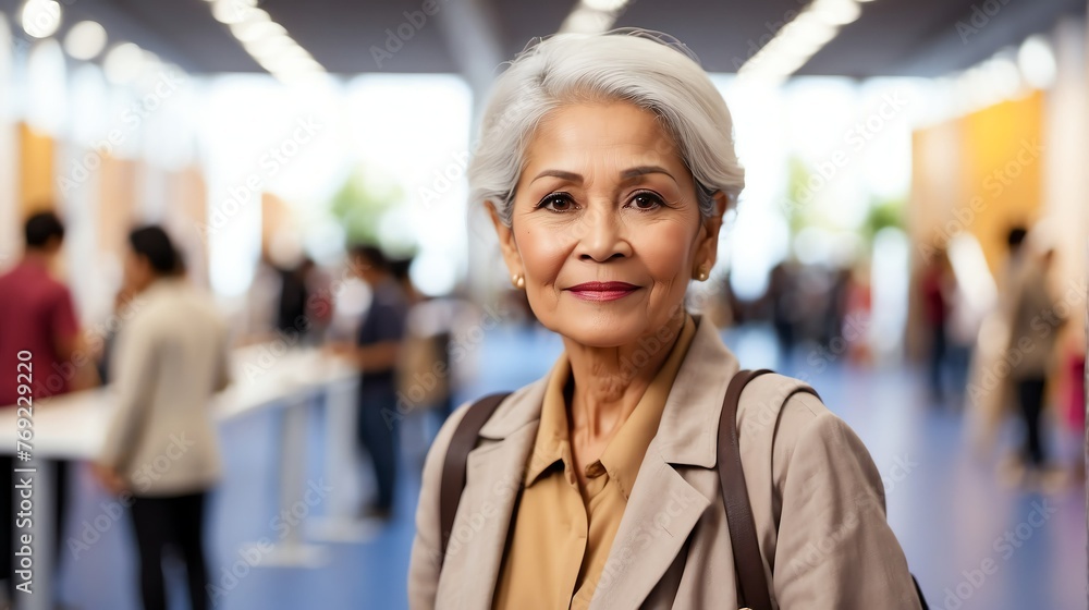 Beautiful elderly indonesian woman on work fair in exhibition hall job hunting looking at camera banner copy space template backdrop portrait from Generative AI