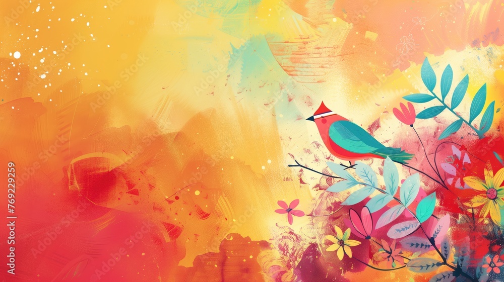 Colorful abstract artwork with a vibrant bird perched on floral branches, featuring warm tones and paint splatters.